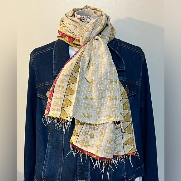 KANTHA SCARF REVERSIBLE TWO SIDED SARI HEAD WRAP DECOR LINEN SARONG - Picture 4 of 7